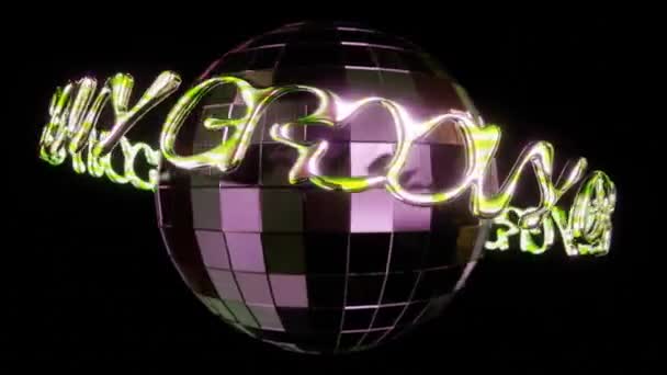 Abstract Groovy Text Signage Turning Disco Ball Wavy Metallic Glowing — Vídeo de Stock