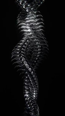 Soyut 3D dikey sosyal medya hikâyesi yılan şeklindeki ejderha derisi DNA sürüngen pulu animasyon metalik krom illüzyonu siyah büyülü 4K 30 fps modadan duvar kağıdı fon