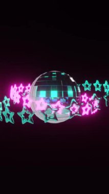 Soyut neon 3d parıltılı disko topu yıldızları zincir gece kulübü parlak küre ayna dans dans ışığı y2k retro animasyon dikey sosyal medya hikâyesi 4K 30 fps telefon kağıdı