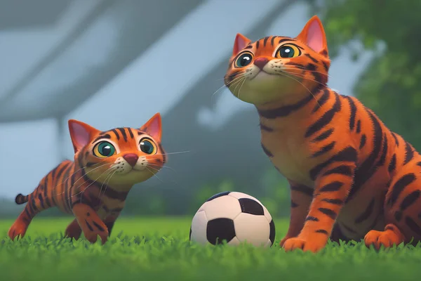 Two cats with a soccer ball in the grass