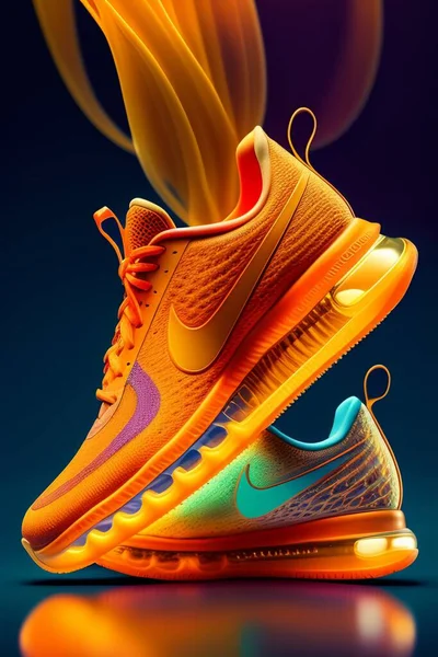 Nike ayakkabı ayakkabısının çarpıcı bir yorumu, denizanası, reklamcılık, solarpunk, son derece detaylı ve karmaşık, altın oran, çok renkli, hipermaksiyalist, süslü, lüks, yüksek topuklu, seksi, kadın