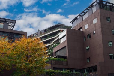 Modern buildings with balconies architecture at fall season, around trees with red and yellow colorful foliage in Milan, Italy.