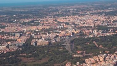 Aerial of Rome, Italy historic center. Landscape day view of the city, including Gazometro and the Roma Ostiense transit train station.
