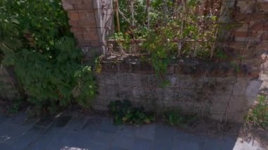 Day wide pan to an old low-rise stone-built damaged house with rusty iron railings and high-rise green vegetation around in Florina, Greece.