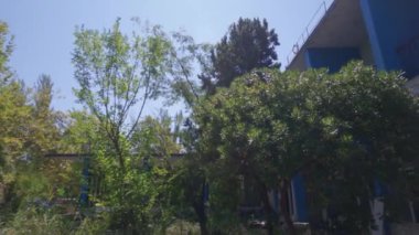 Day pan to an old low-rise deserted hotel with decayed walls and balconies and high-rise green vegetation around in Thassos Island, Greece.