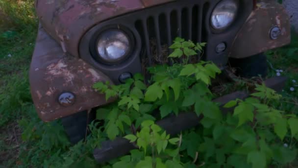 在农村地区一辆旧的生锈的军用吉普车上 一天的慢动作平底锅被低绿的植被所覆盖 — 图库视频影像