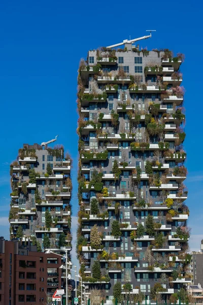 Milan, İtalya 24 Şubat 2019: Bosco Verticale, İtalyanca Dikey Orman, mavi gökyüzünden 111 metre yükseğe yükselen Porta Nuova bölgesinde bitkilerle kaplı iki konut kulesi.