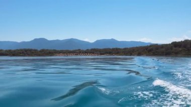 Gemi seyahati POV manzarası yeşil bitki örtüsü ve tanımlanamayan banyoları olan kayalık bir sahil manzarası..