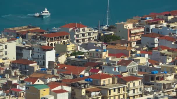 Zakynthos Griechenland Ionische Inselhauptstadt Panoramapfanne Mit Niedrigen Roten Ziegelgebäuden Neben — Stockvideo