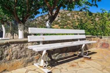 Yeşil bitki örtüsüne karşı beyaza boyanmış boş ahşap bir bank..