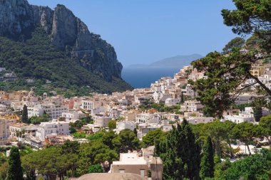Capri Adası, İtalya 'nın canlı mimarisi ile kıyı güzelliğinin çarpıcı bir manzarası.