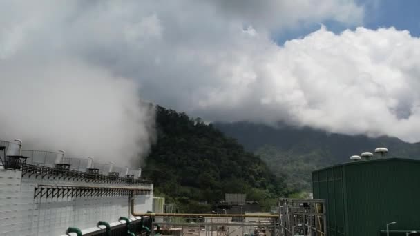 Thermal Power Plant Volcano Middle Jungle Steam Rises Large Pipes — Stock Video