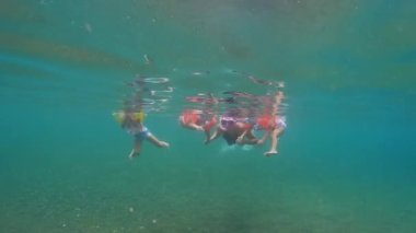 Anne ve kızları okyanusta şnorkelle yüzüyor. Yüksek kalite 4k görüntü