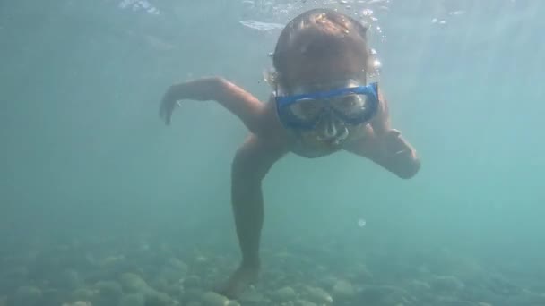 Menina Snorkeling Água Escura Imagens Alta Qualidade — Vídeo de Stock