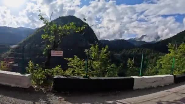 Bir Araba Orman Yolunda Gidiyor Kuaför Salonundan Manzara Var Yüksek — Stok video
