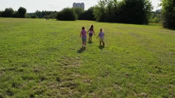 Triplete Hermanos Niños Corriendo Césped Imágenes Alta Calidad — Vídeos de Stock