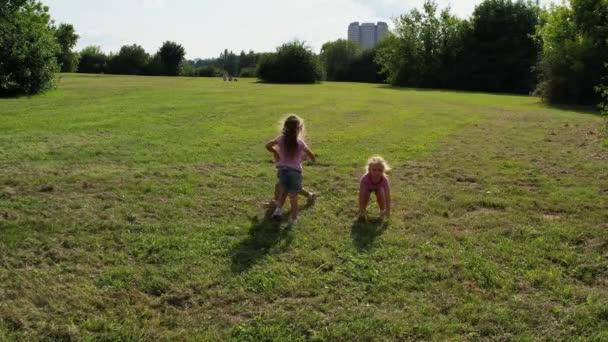 三胞胎姐姐的孩子们在草地上奔跑 高质量的4K镜头 — 图库视频影像