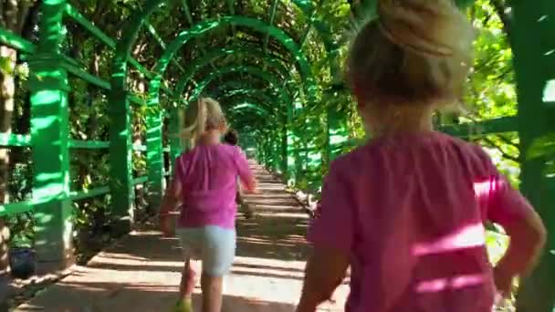 小女孩三胞胎在绿色的走廊里奔跑 高质量的4K镜头 — 图库视频影像