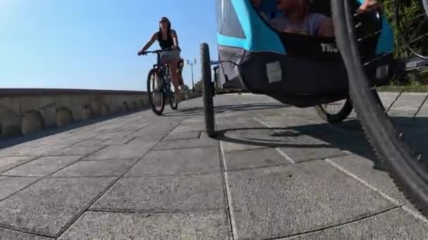 Una Familia Monta Bicicleta Los Niños Montan Traje Bicicleta Cámara — Vídeos de Stock