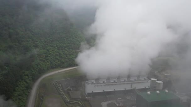 Thermal Power Plant Volcano Middle Jungle Steam Rises Large Pipes — Stock Video