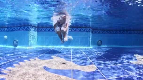 Klein Meisje Springt Het Zwembad Onder Water Hoge Kwaliteit Beeldmateriaal — Stockvideo