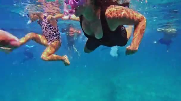 Маленька Дівчинка Плаває Мамою Китами Маскою Снорк Філіппінами Дівчинка Ослоб — стокове відео