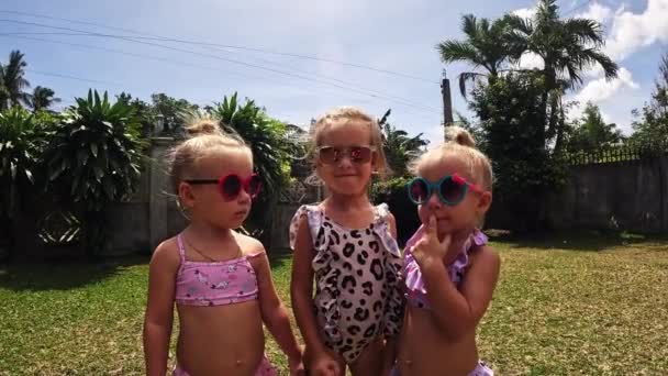 Kisgyerekek Húga Hármasikrek Éves Játszani Medencében Füvön Napsütéses Nyári Kislányok — Stock videók