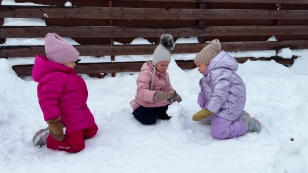Little Sisters Triplet Twins Making Little Snowman Sitting Snow Dressed — Stock Video