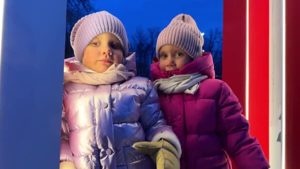 孩子们 姐妹们 双胞胎们 冬天穿着保暖的夹克 晚上戴着帽子和围巾 他们会直接看着摄像机 高质量的4K镜头 — 图库视频影像