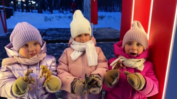 Kinder Schwestern Zwillinge Drillinge Winter Warmen Jacken Mützen Und Schals — Stockvideo