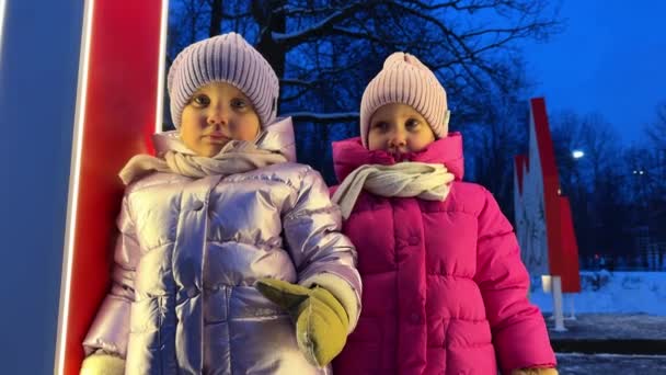 Kinder Schwestern Zwillinge Winter Warmen Jacken Mützen Und Schals Schauen — Stockvideo
