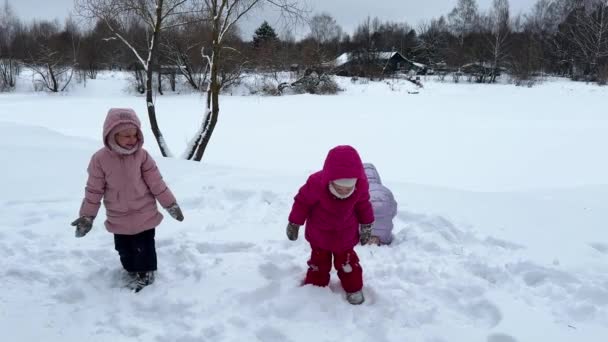 Kleine Zusjes Van Een Drieling Gooien Sneeuw Naar Elkaar Oever — Stockvideo