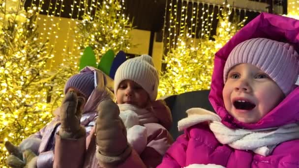 Siostry Trojaczki Siedzą Śnieżnych Saniach Zimowy Wieczór Park Oświetlony Jest — Wideo stockowe