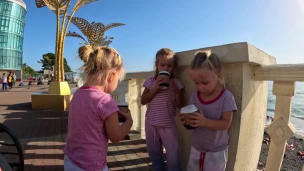 Siostry Trojaczki Piją Kakao Plastikowych Kubków Nabrzeżu Miasta Ogrodzeniem Widać — Wideo stockowe