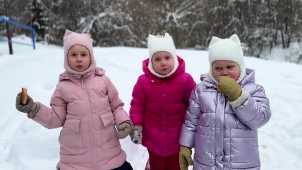 Søstre Tripletter Vinterhatter Med Ører Som Spiser Brød Ute Vinteren – stockvideo