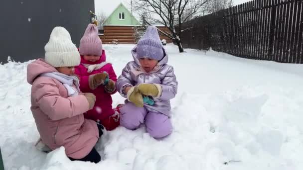 Little Sisters Triplets Sitting Knees Snow Yard House Snowing Hands — Stock Video