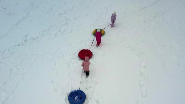 Маленькие Сёстры Тройняшки Зимой Взбираются Снежную Гору Надувными Чизкейками Высококачественные — стоковое видео