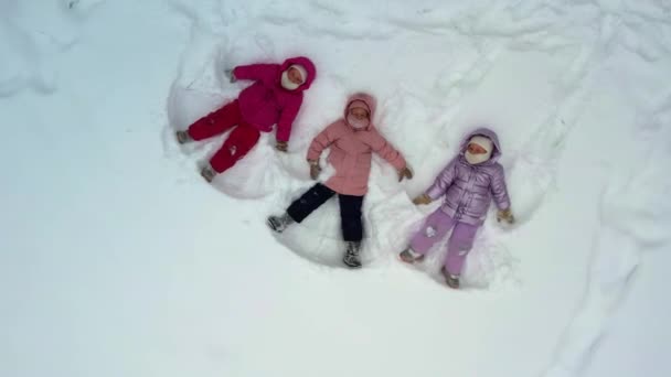 Irmã Trigêmeos Crianças Fazendo Anjos Neve Drone Filmagem Imagens Alta — Vídeo de Stock