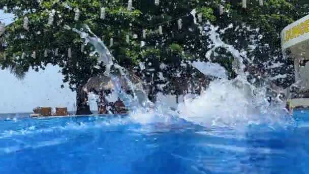 水着の双子姉妹は 熱帯の島の海岸で青い水プールに飛び込んで 腕を身に着けている子供たち 晴れた日 高品質の4K映像 — ストック動画