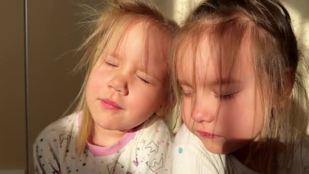 Três Irmãs Trigémeas Expõem Seus Rostos Luz Sol Imagens Alta — Vídeo de Stock