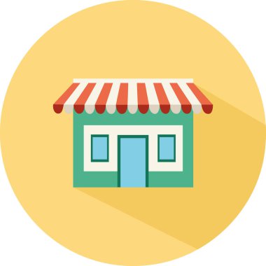 Mağaza önü simgesi daire içinde. E-ticaret ve alışveriş grafik tasarım dükkânı illüstrasyonu. Beyaz sarı arka planda basit bir süpermarket sembolü. Kapı ve pencereler. Dış cadde ve havaalanı.