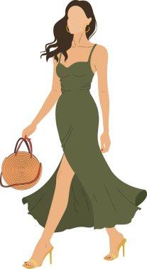 Güzel genç bir kadın elinde bir çantayla yürüyor. Profil vektörü beyaz arkaplanda izole edildi. Modern moda, şık kıyafetler giyiyor, ileri doğru yürüyor. Uzun yeşil topuklu ayakkabılar. Şık ofis kıyafetleri..