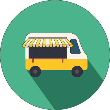 Uzun gölgeli karikatür tasarımı olan yemek kamyonu. Sokak fast food kamyonu, çadır. Kamyon satıcısı, sokak hamburgeri, dondurma. Römork beyaz arka planda, kahve dükkanı tabelasında.