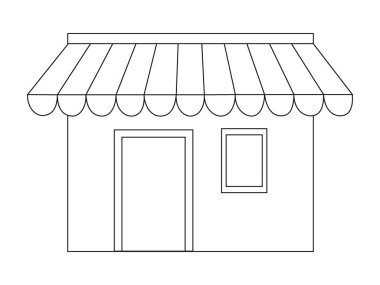 E-ticaret, online ve online alışveriş konsepti öde. Çadır çatısı olan bir dükkan. Beyaz arka planda mağaza konumu simgesi. Contour logosu ticari pazar yeri. Vektör illüstrasyonu beyazda izole edildi.