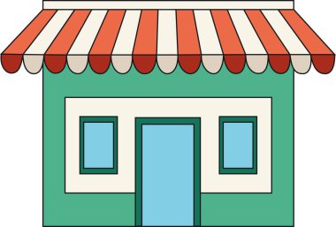 Online store Sign with shop canopy. Visualization of a commercial with a roof in white, green and red color scheme. Can use for promotion sale. Cut isolated shop vector illustration. clipart
