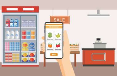 Taze yemek ve akıllı telefonlu alışveriş arabası. Market, yiyecek ve online alışveriş ve teslimat konsepti. Alışveriş torbası ikonlu akıllı telefon, sohbet mesajı, dağıtım, 24 saat ve daha fazla.
