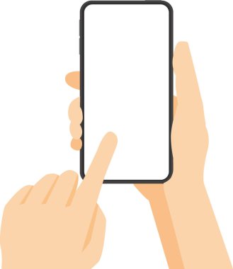 El ele tutuşan akıllı telefon cihazı ekrana dokunuyor. Beyaz arka plan e-ticaret uygulamasında izole edilmiş vektör illüstrasyon düz biçimi. Model çevrimiçi cep telefonu için boş ekran. Dijital cep telefonu teknolojisi