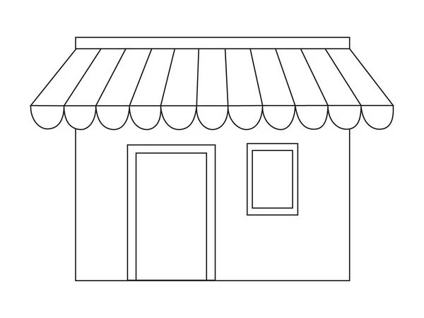 電子商取引 オンラインおよびオンラインショッピングの概念を支払う 市場のテントの屋根で開きます 白い背景に位置情報アイコンを表示します 輪郭のロゴの商業市場 白地に独立したベクトル図 — ストックベクタ
