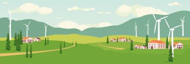 Yel değirmeni enerji köyünün havadan görünüşü. Yeşil enerji üretiminde elektrik üreten rüzgar türbinleri olan bir manzara. Tarlaları, çayırları, otlakları, güneş panelleri olan modern köyün manzarası.