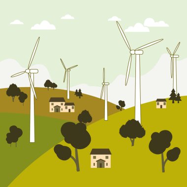 Türbinli yeşil enerji elektriği olan manzara. Elektrik üretimi için yel değirmeni, köyde elektrik üreten rüzgar türbinleri. Temiz enerji kavramı. Yel değirmeni enerji alanlarının hava görüntüsü.